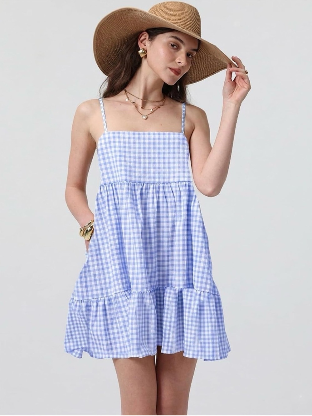Gingham Smocked Tiered Mini Dress in Light Blue